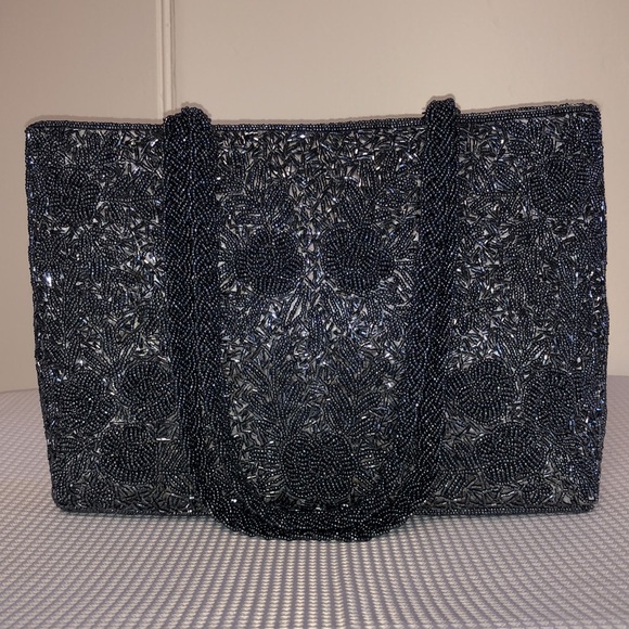 Silver Beaded Bag Braided Double Handle 3-D Floral Pattern Satin Lined 12”x8”x3” - Picture 7 of 17